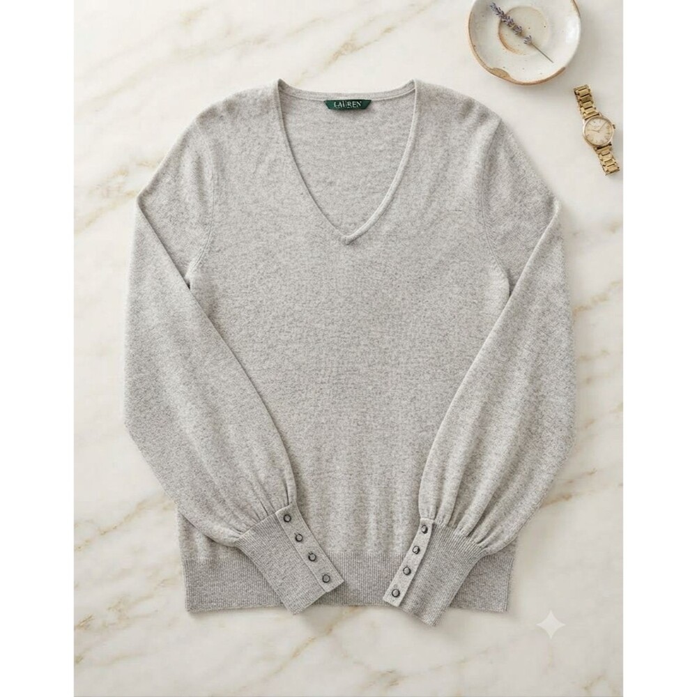 Lauren Ralph Lauren Grey V-Neck Sweater M Balloon Sleeve Button Cuff Knit